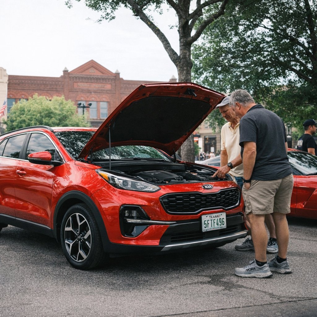Two people looking under the hood of a red SUV